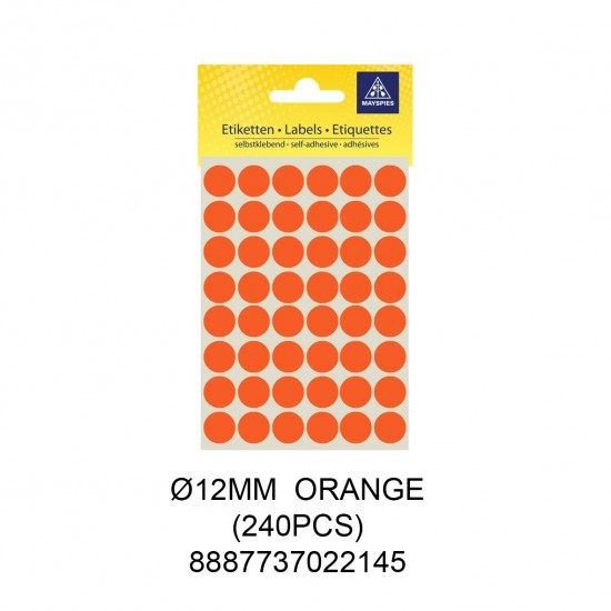 MAYSPIES MS012 COLOUR DOT LABEL / 5 SHEETS/PKT / 240PCS / ROUND 12MM ORANGE